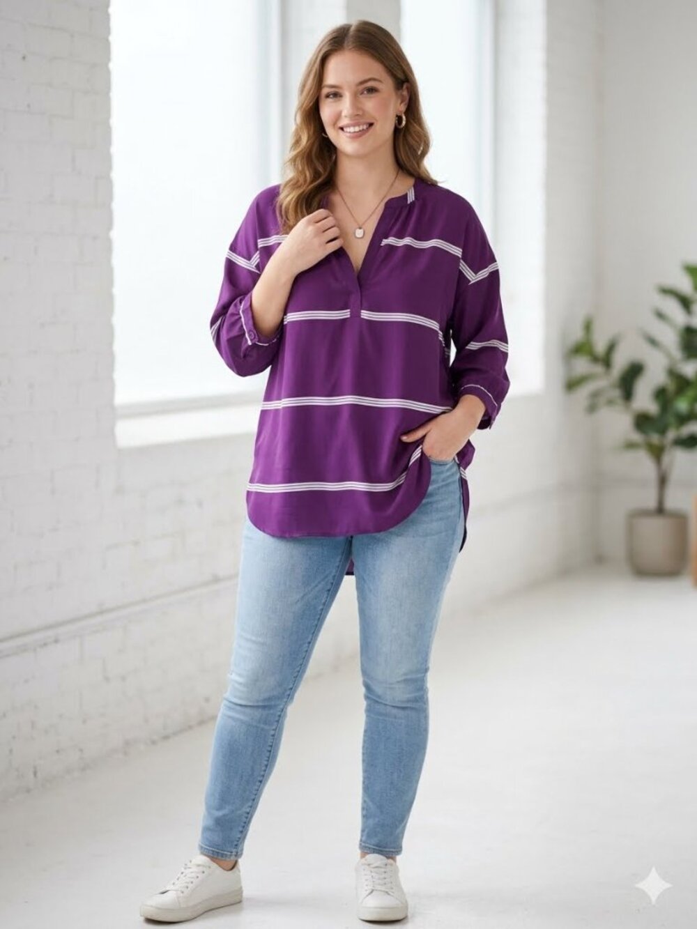 Old Navy Purple Horizontal Stripe 3/4 Sleeve V-Neck Blouse Shirt